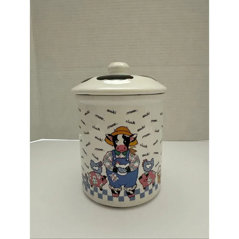Cowhands by Tabletops Unlimited Country Boy Cow Canister Chickens Pigs Vtg READ